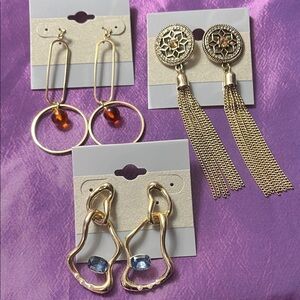3 pack Gold-Tone Mixed Drop Earrings Set with Amber and Blue Accents